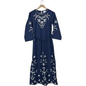 Cartolina Athena Blue Embroidered Eyelet Maxi Dress Women's XXS Tie Waist